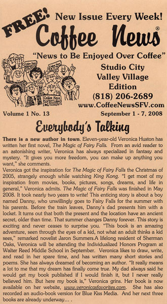 Coffee News article featuring Veronica Huston, author of The Magic of Fairy Falls.